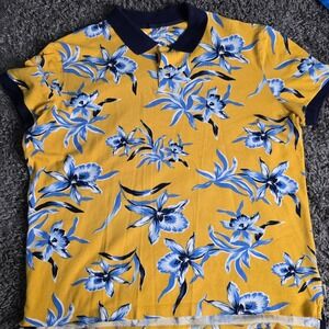 Express Pique Polo Stretch Shirt Mens Large Yellow Blue Floral Tropical Print